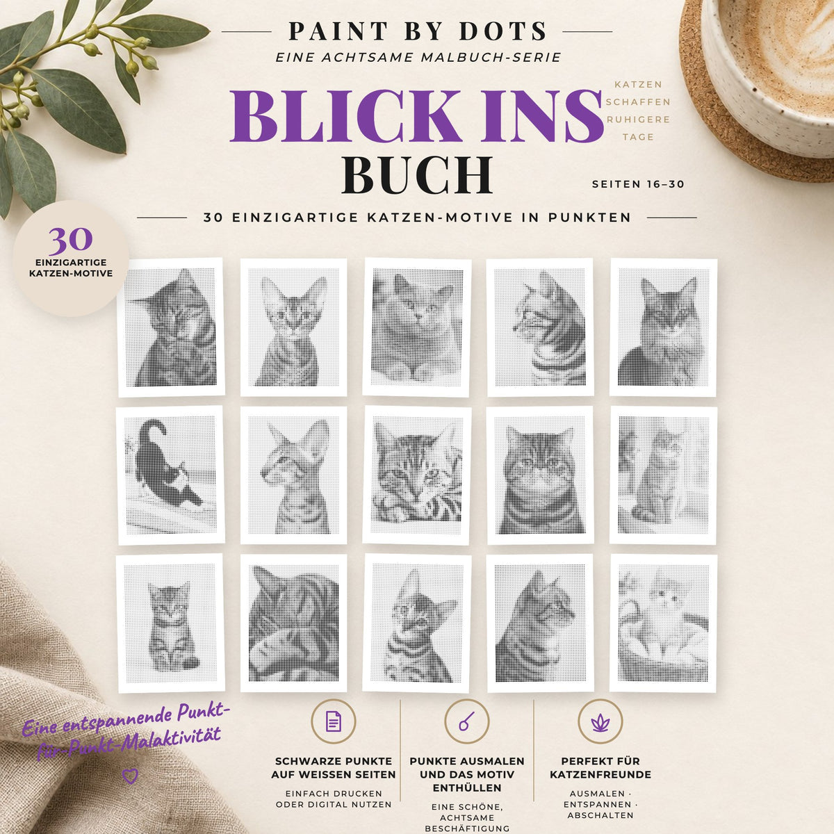 Vorschau der druckbaren Katzenporträts Punktmalerei-Motive, Seiten 16 bis 30