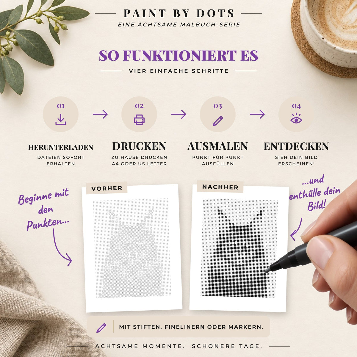 So lädst du das Katzenporträts Punktmalerei-Buch herunter, druckst es aus und füllst die Kreise