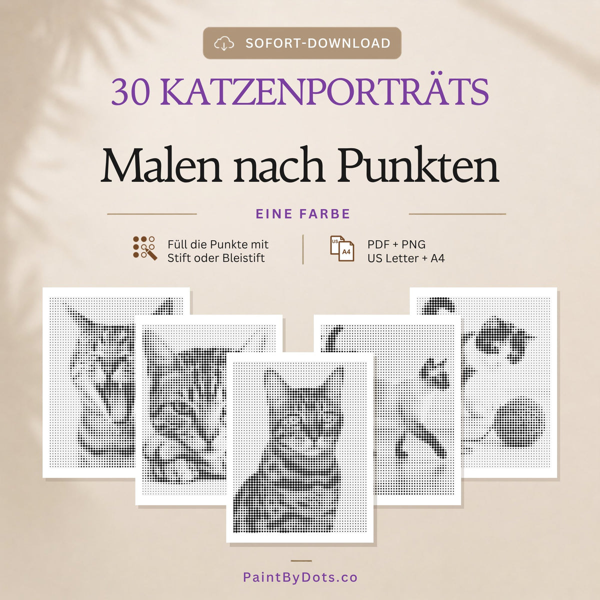 Katzenporträts Punktmalerei als digitaler Download mit 30 druckbaren Seiten (dot painting)