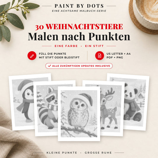 Cover des Punktmalerei-Buchs Weihnachtstiere mit 30 druckbaren Motiven