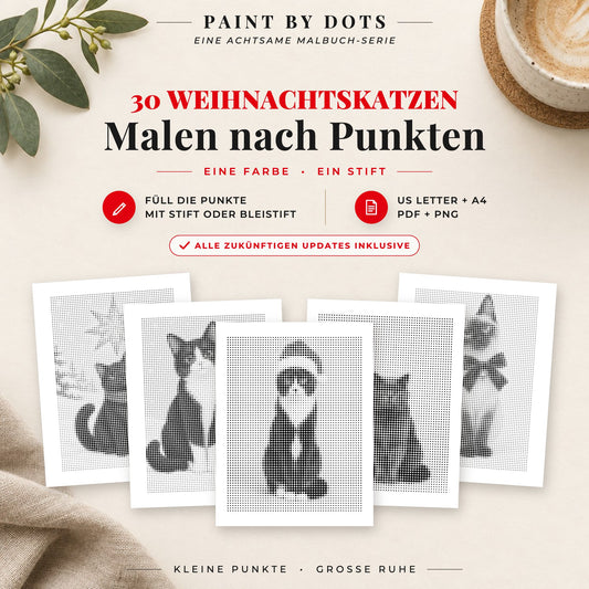 Cover des Punktmalerei-Buchs Weihnachtskatzen mit 30 druckbaren Motiven