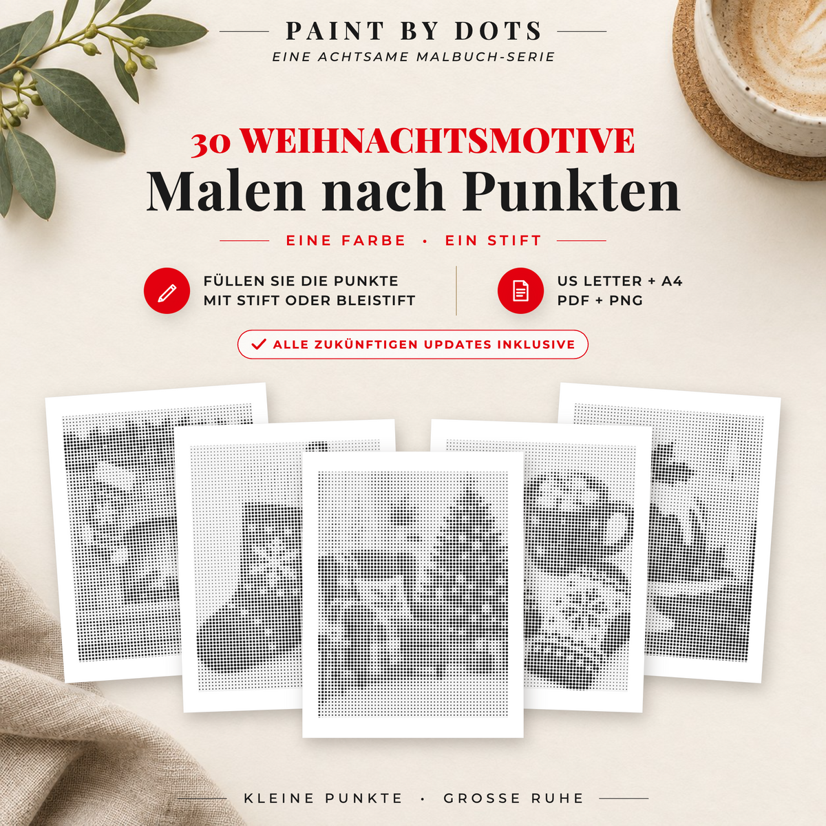Cover des Punktmalerei-Buchs Cosy Christmas mit 30 druckbaren Weihnachtsmotiven