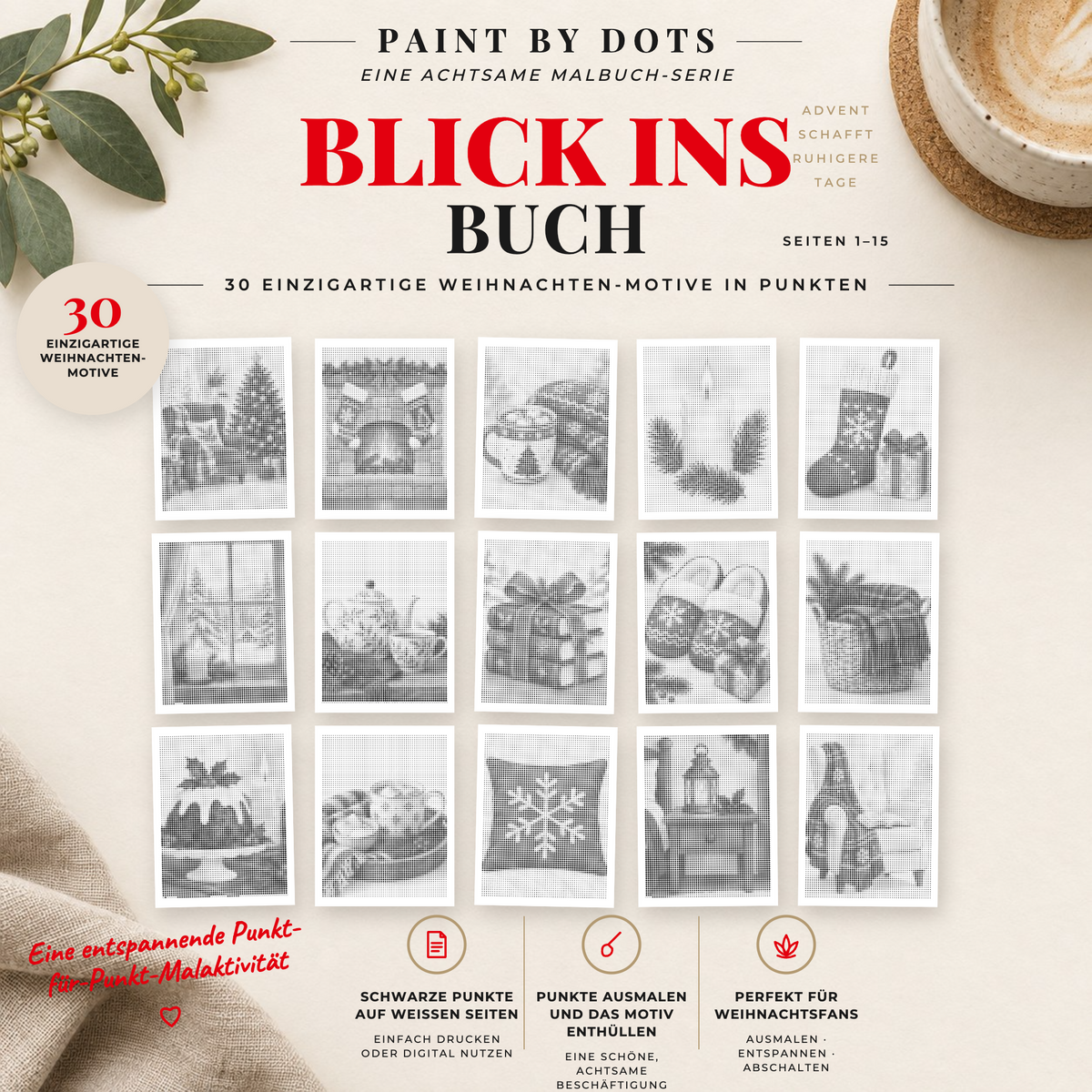 Vorschau der druckbaren Cosy Christmas Punktmalerei-Motive, Seiten 1 bis 15