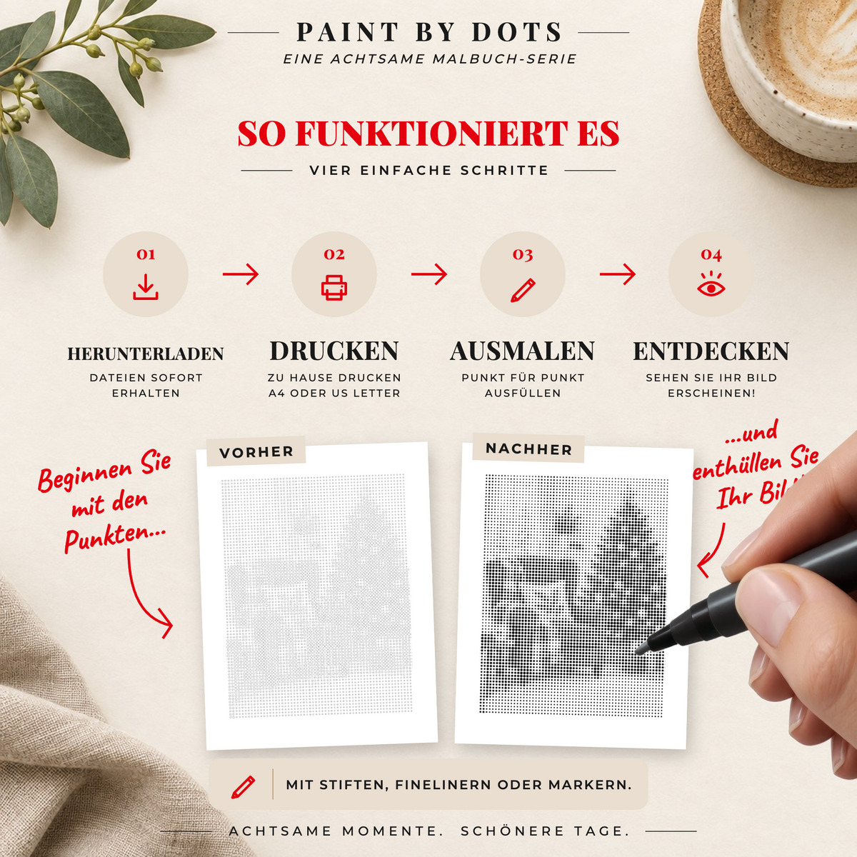 So lädst du das Cosy Christmas Punktmalerei-Buch herunter, druckst es aus und füllst die Kreise