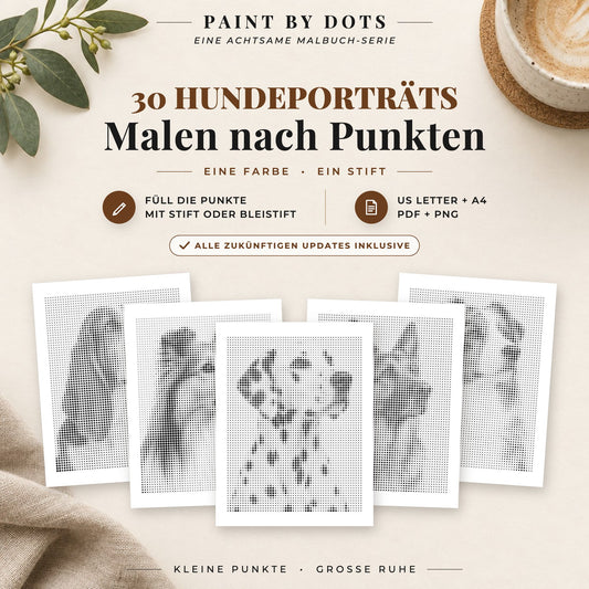Cover des Punktmalerei-Buchs Hundeporträts mit 30 druckbaren Motiven