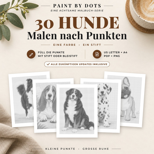 Cover des Hunde-Punktmalerei-Malbuchs mit fünf Hundeporträts und 30 Ausmalbildern zum Ausdrucken als PDF in A4 und US Letter.