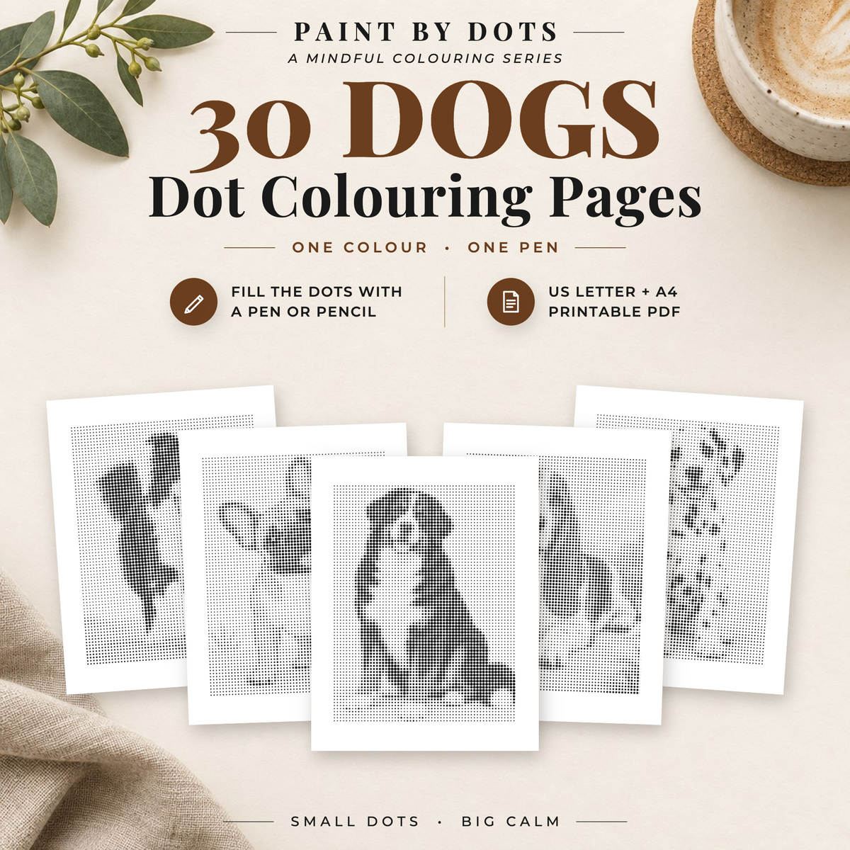 Cover of the Dogs dot colouring book with five dog portraits and 30 printable dot painting pages, available as an A4 and US Letter PDF download.