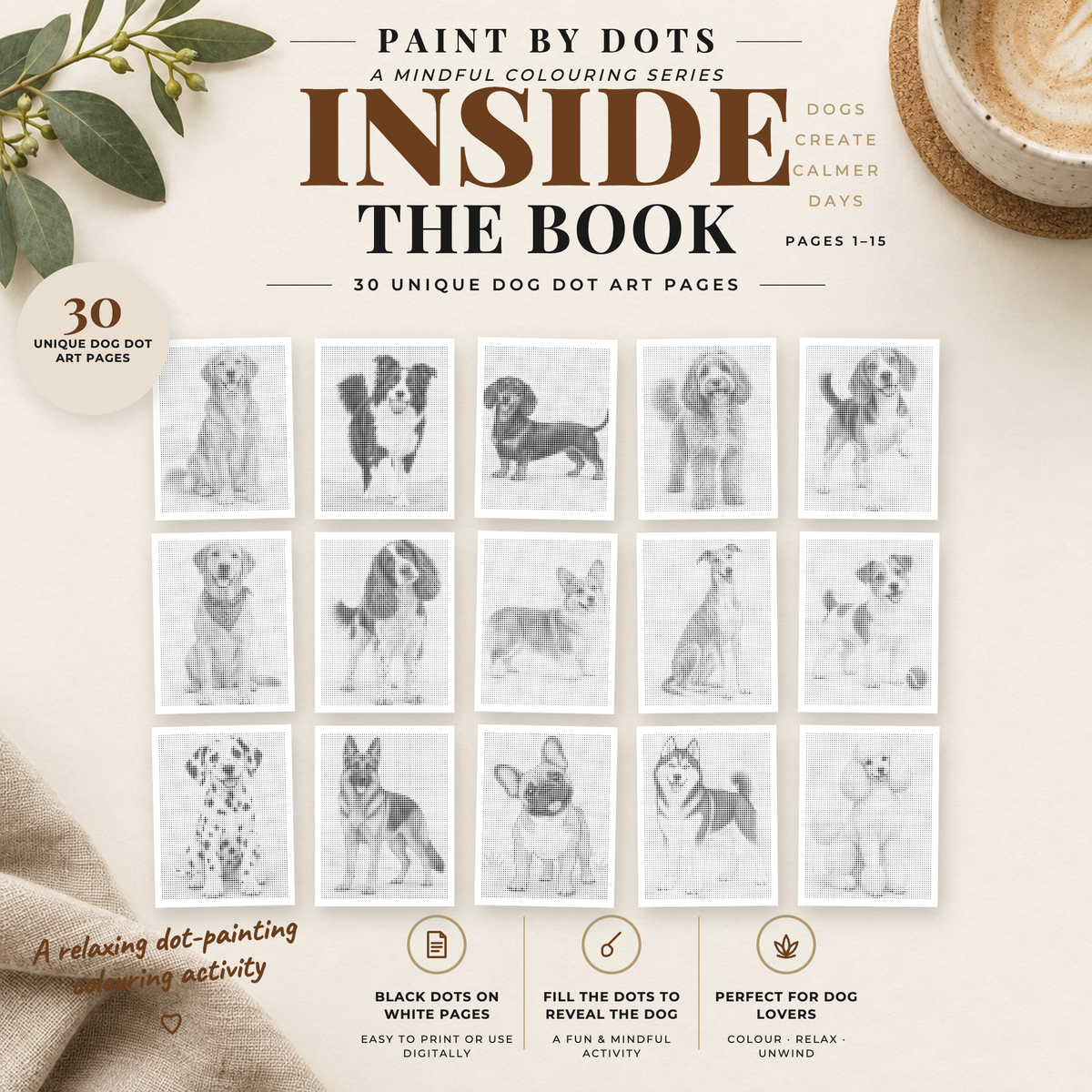 Preview of dog designs 1–15 in the printable dot colouring book, with fifteen black-and-white dog portraits.