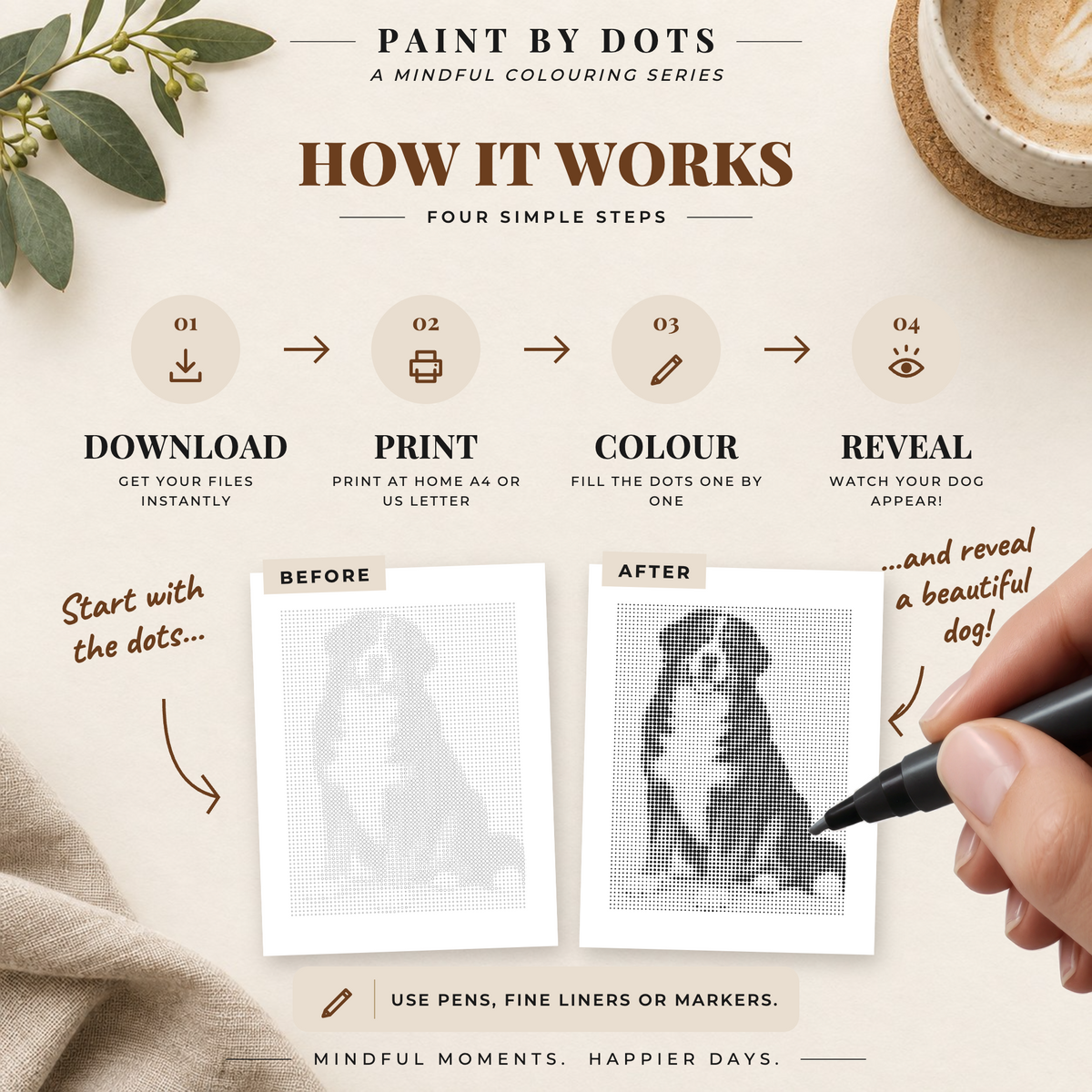 How to use the printable dog dot art book: download the PDF, print on A4 or US Letter, colour the dots and reveal a dog portrait.