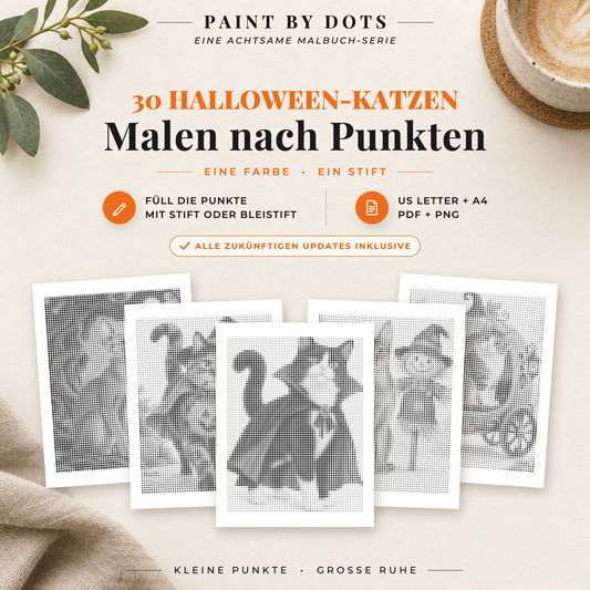 Cover des Punktmalerei-Buchs mit Halloween-Katzen und 30 Motiven zum Ausdrucken