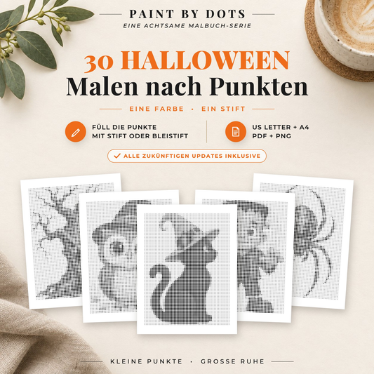 Halloween Punktmalerei-Buch mit 30 Motiven zum Ausdrucken als PDF und PNG in A4 und US Letter