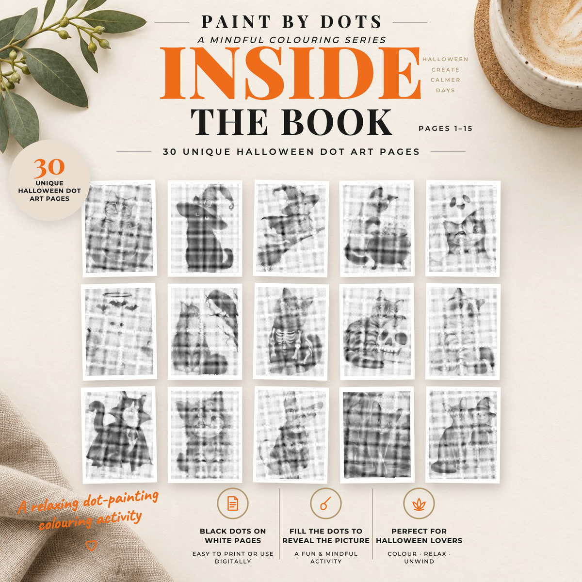 Punktmalerei-Buch mit Halloween-Katzen | 30 Katzenmotive zum Ausdrucken Digitaler Download