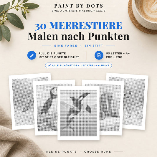 Cover des Punktmalerei-Buchs Meerestiere mit 30 druckbaren Motiven