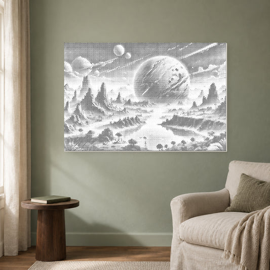 Punktmalerei-Leinwand mit abstraktem Planeten an einer salbeigrünen Wand neben einem Leinensessel, mit Tageslicht von links.