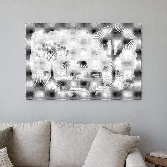 Punktmalerei-Leinwand “Abenteuer in der Wildnis”, an einer hellen Wand in einem Raum mit sanftem Tageslicht.