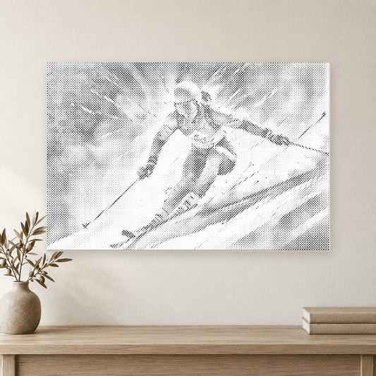 Punktmalerei-Leinwand mit einem Skifahrer an einer cremefarbenen Wand über einer hellen Eichenkonsole.
