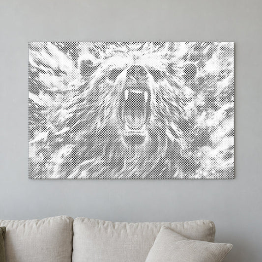 Punktmalerei-Leinwand “Wütender Bär”, an einer hellen Wand in einem Raum mit sanftem Tageslicht.