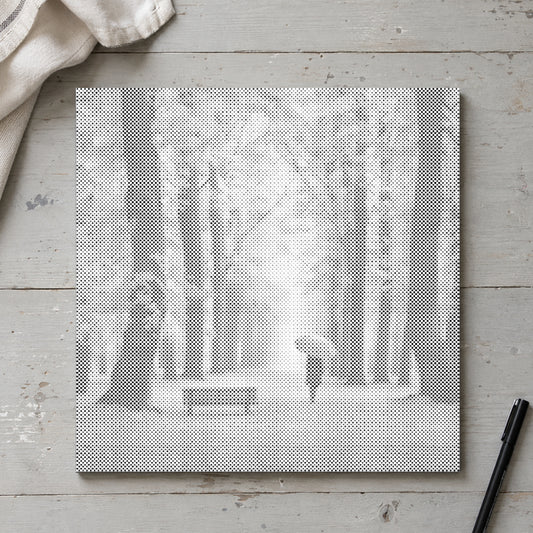 Punktmalerei-Leinwand “Herbstwald”, von oben auf einem Arbeitstisch bei sanftem Tageslicht.