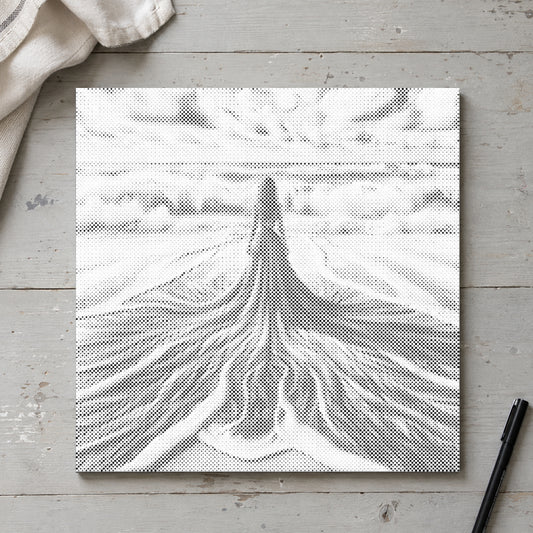 Punktmalerei-Leinwand “Zwischen Himmel und Meer”, von oben auf einem Arbeitstisch bei sanftem Tageslicht.