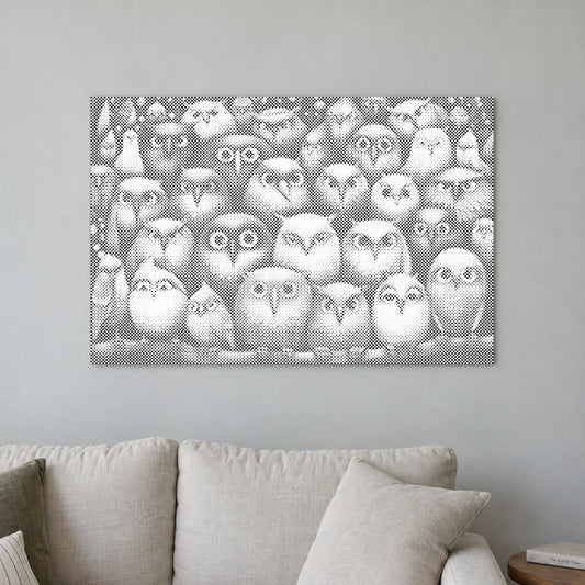 Punktmalerei-Leinwand “Vögel, Vögel, Vögel”, an einer hellen Wand in einem Raum mit sanftem Tageslicht.