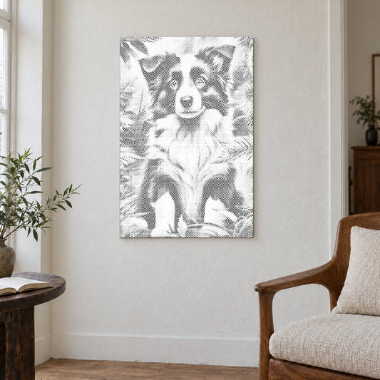 Punktmalerei-Leinwand “Border Collie Welpe”, an einer hellen Wand in einem Raum mit sanftem Tageslicht.