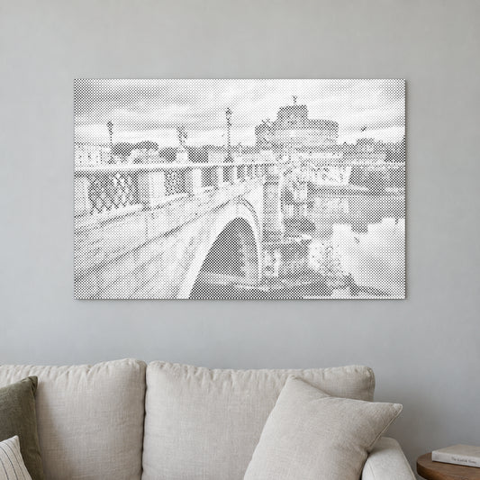 Punktmalerei-Leinwand “Engelsburg in Rom”, an einer hellen Wand in einem Raum mit sanftem Tageslicht.