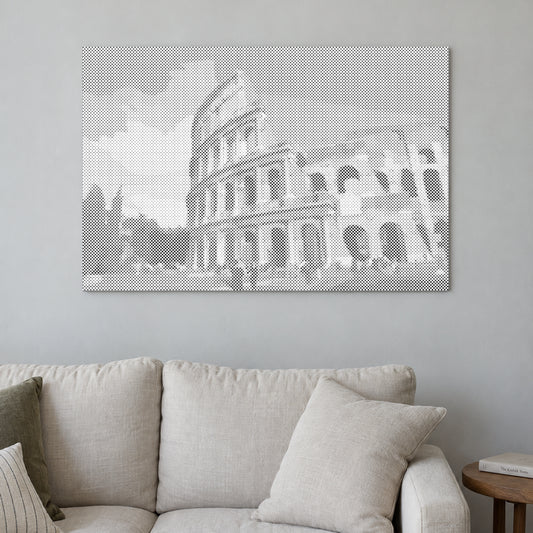 Punktmalerei-Leinwand “Kolosseum Rom”, an einer hellen Wand in einem Raum mit sanftem Tageslicht.