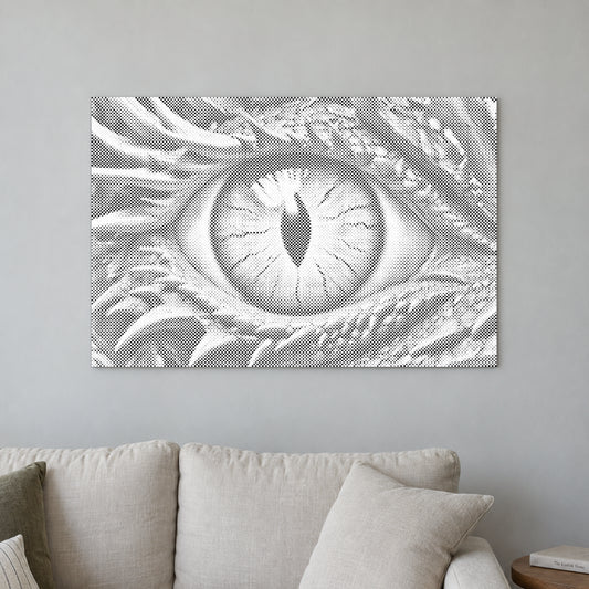 Punktmalerei-Leinwand “Drachenauge”, an einer hellen Wand in einem Raum mit sanftem Tageslicht.