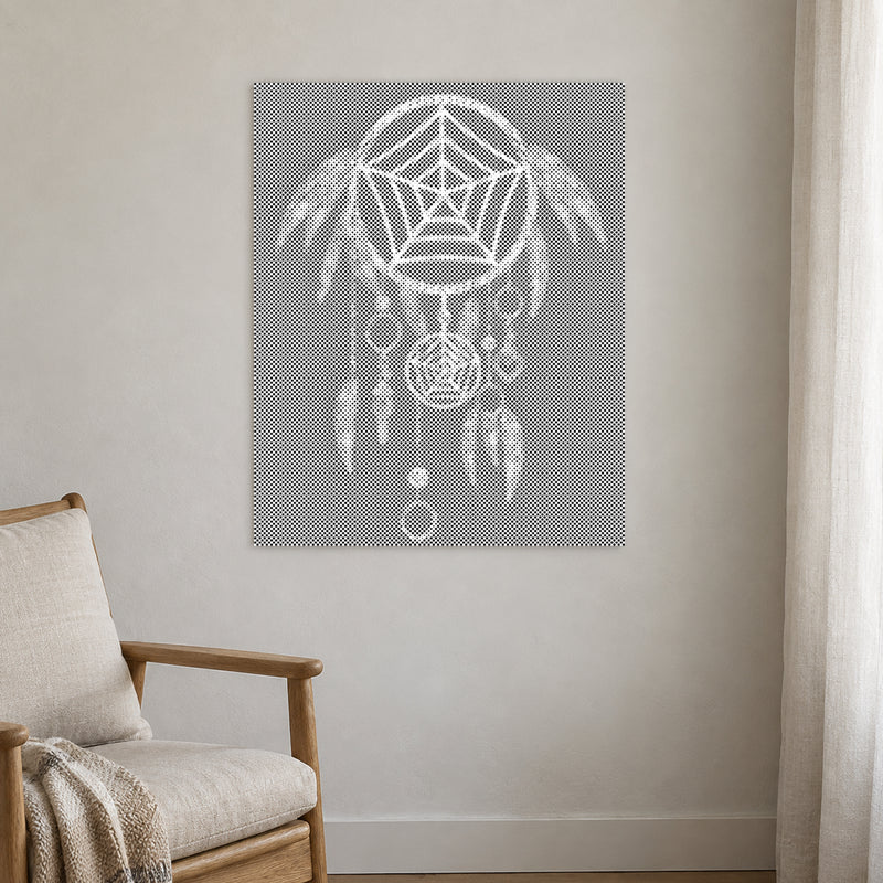 Punktmalerei-Leinwand “Traumfänger Dream Catcher”, an einer hellen Wand in einem Raum mit sanftem Tageslicht.