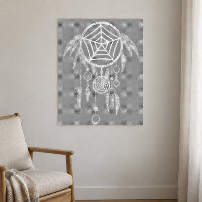 Punktmalerei-Leinwand “Traumfänger Dream Catcher”, an einer hellen Wand in einem Raum mit sanftem Tageslicht.
