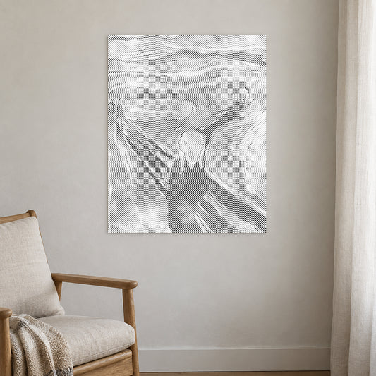 Punktmalerei-Leinwand “Der Schrei von Edvard Munch”, an einer hellen Wand in einem Raum mit sanftem Tageslicht.