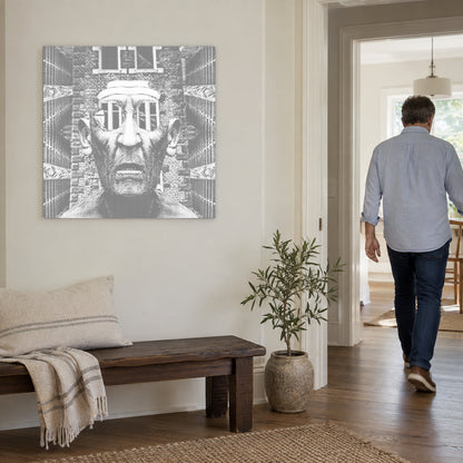 Punktmalerei-Leinwand “Furcht einflößender Mann”, an einer hellen Wand, während eine Person durch die Tür geht.