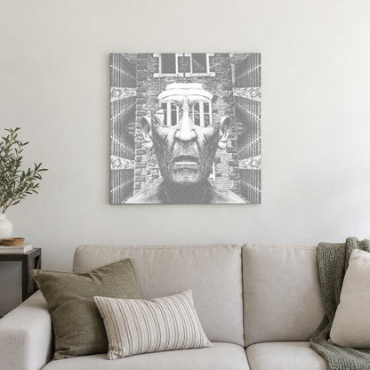 Punktmalerei-Leinwand “Furcht einflößender Mann”, an einer hellen Wand in einem Raum mit sanftem Tageslicht.