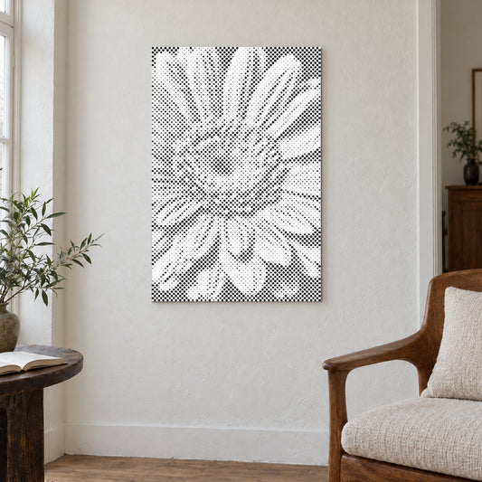 Punktmalerei-Leinwand “Gerbera Blume”, an einer hellen Wand in einem Raum mit sanftem Tageslicht.