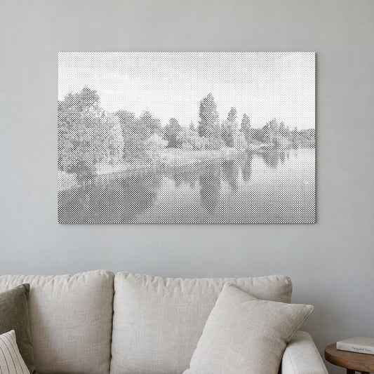 Punktmalerei-Leinwand “Hyde Park London”, an einer hellen Wand in einem Raum mit sanftem Tageslicht.