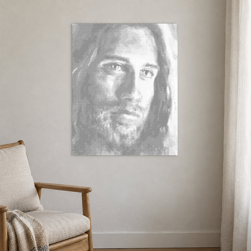 Punktmalerei-Leinwand “Jesus Christus”, an einer hellen Wand in einem Raum mit sanftem Tageslicht.