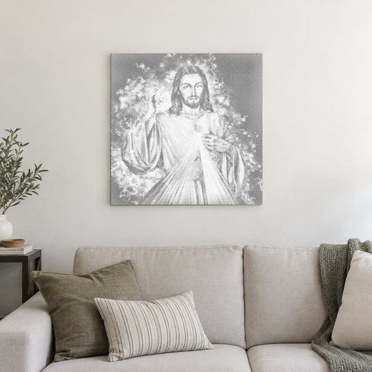 Punktmalerei-Leinwand “Jesus: Die Fortsetzung”, an einer hellen Wand in einem Raum mit sanftem Tageslicht.