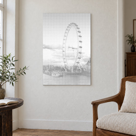 Punktmalerei-Leinwand “London Eye”, an einer hellen Wand in einem Raum mit sanftem Tageslicht.