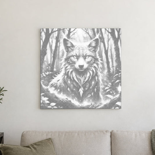 Punktmalerei-Leinwand “Zauberfuchs”, an einer hellen Wand in einem Raum mit sanftem Tageslicht.