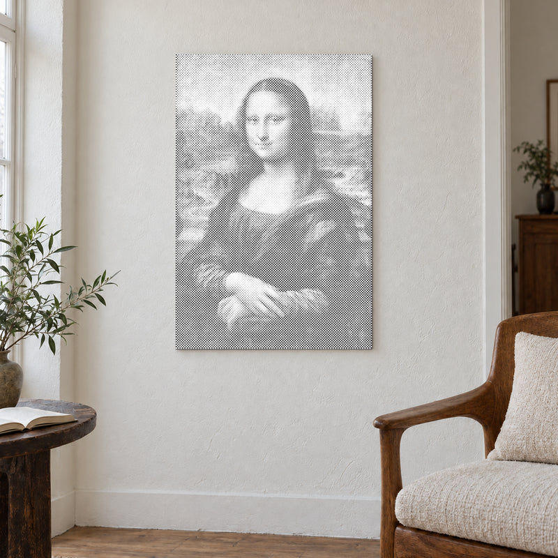 Punktmalerei-Leinwand “Mona Lisa von Leonardo da Vinci”, an einer hellen Wand in einem Raum mit sanftem Tageslicht.