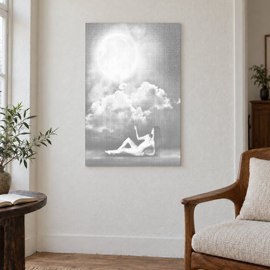 Punktmalerei-Leinwand “Herrscher des Mondes”, an einer hellen Wand in einem Raum mit sanftem Tageslicht.