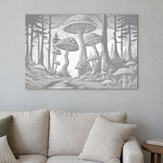 Punktmalerei-Leinwand “Pilze”, an einer hellen Wand in einem Raum mit sanftem Tageslicht.