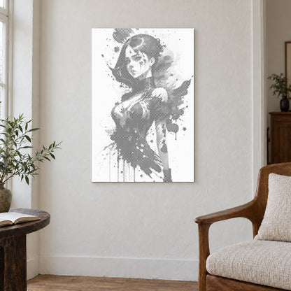 Punktmalerei-Leinwand “Provokative Frau”, an einer hellen Wand in einem Raum mit sanftem Tageslicht.