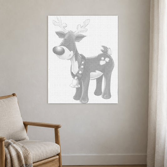 Punktmalerei-Leinwand “Rudolph das rotnasige Rentier”, an einer hellen Wand in einem Raum mit sanftem Tageslicht.