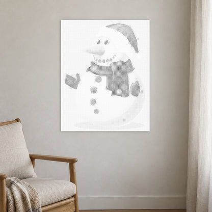 Punktmalerei-Leinwand “Schneemann”, an einer hellen Wand in einem Raum mit sanftem Tageslicht.