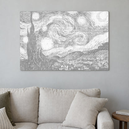 Punktmalerei-Leinwand “Sternennacht – Van Gogh”, an einer hellen Wand in einem Raum mit sanftem Tageslicht.