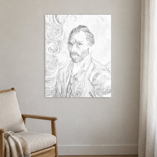 Punktmalerei-Leinwand “Selbstporträt Van Gogh”, an einer hellen Wand in einem Raum mit sanftem Tageslicht.