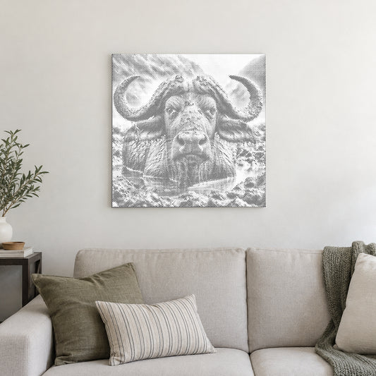 Punktmalerei-Leinwand “Wasserbüffel”, an einer hellen Wand in einem Raum mit sanftem Tageslicht.