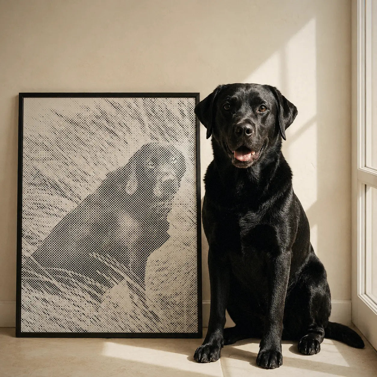 Foto als Punktmalerei mit Hund neben dem fertigen Punktmalerei Bild