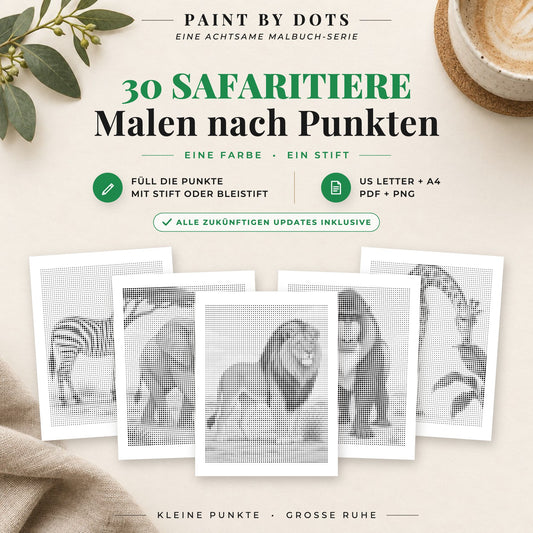 Cover des Punktmalerei-Buchs Safaritiere mit 30 druckbaren Motiven